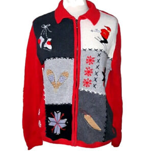 UGLY Christmas  Sweater Skis Ice Skates Cardigan Field Gear